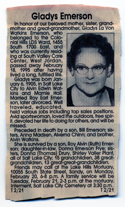 Gladys Watkins Emerson obit