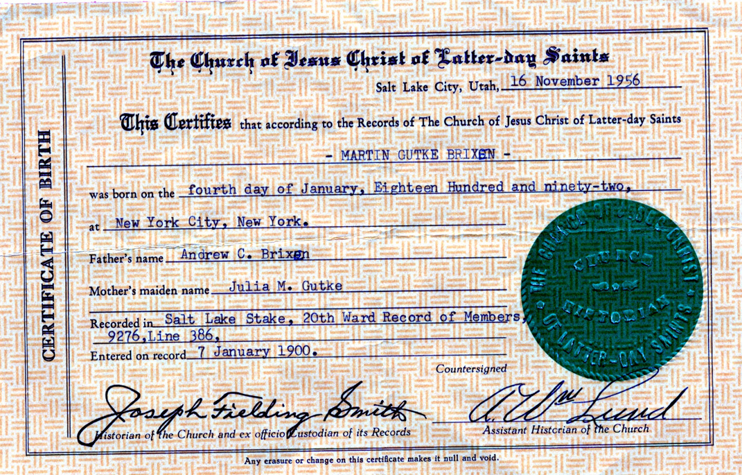Martin Gutke Brixen's LDS church birth record