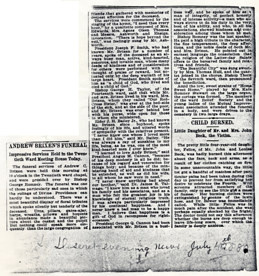 Newspaper article about Andrew Brixen's Funeral